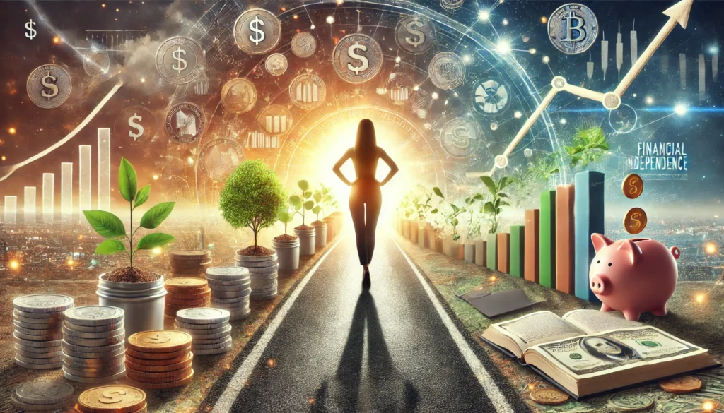 Eine selbstbewusste Frau steht auf einem Weg, der zu einem hellen Horizont führt, und symbolisiert finanzielle Unabhängigkeit.