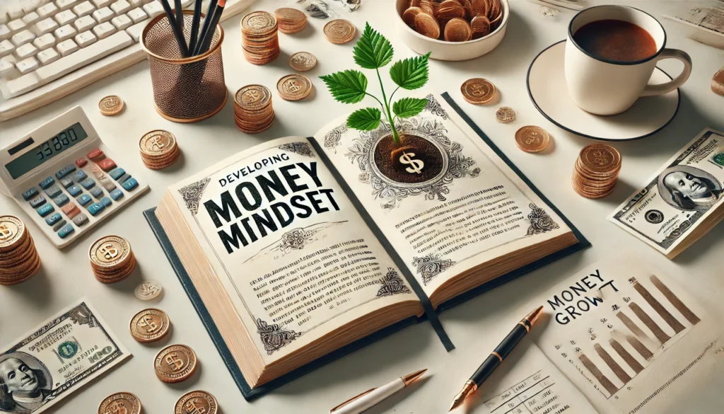 Ein aufgeschlagenes Buch mit der Aufschrift 'Money Mindset'. Das Bild vermittelt die Idee eines positiven Umgangs mit Geld und finanzielles Wachstum.